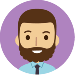 A man with a beard and tie in a purple circle.